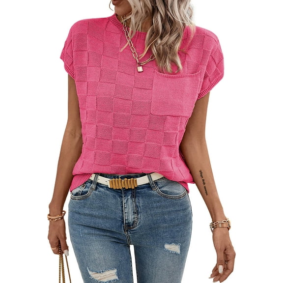 Women's Bright Pink Lattice Textured Knit Short Sleeve Sweater - [ZhiHiMeRi] | (US 20-22)2XL