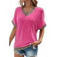 thumbnail image 1 of Women's Bright Pink Leopard Patchwork V Neck T-Shirt - Trendy Casual Style | [ZhiHiMeRi] | (US 12-14)L, 1 of 7