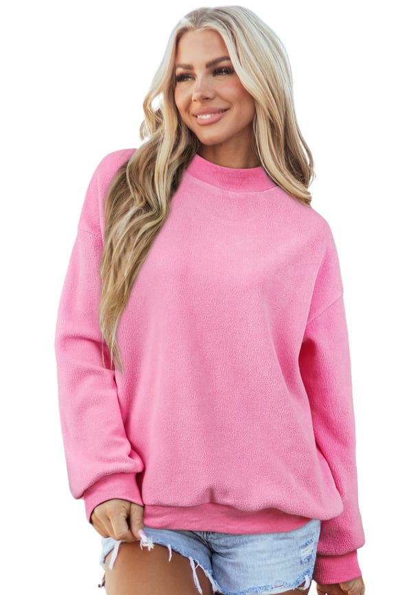 Women's Bright Pink Oversize Drop Shoulder Mock Neck Sweatshirt – Casual Fall Essential, XL