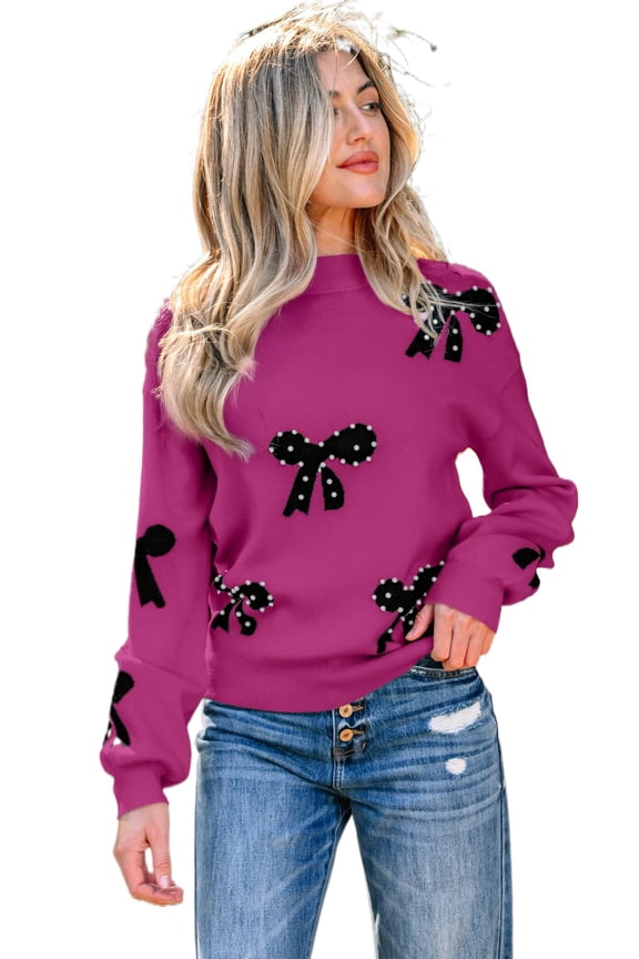 Women's Bright Pink Pearl Embellished Bow Pattern Sweater - Ideal for Daily Wear & Valentine's Day | S