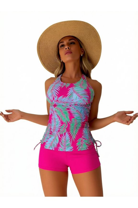 Women's Bright Pink Tropical Palm Leaf Print Halter Tankini Swimsuit, Ruched Two-Piece with Tie Side Boyshorts, Sizes M-XL