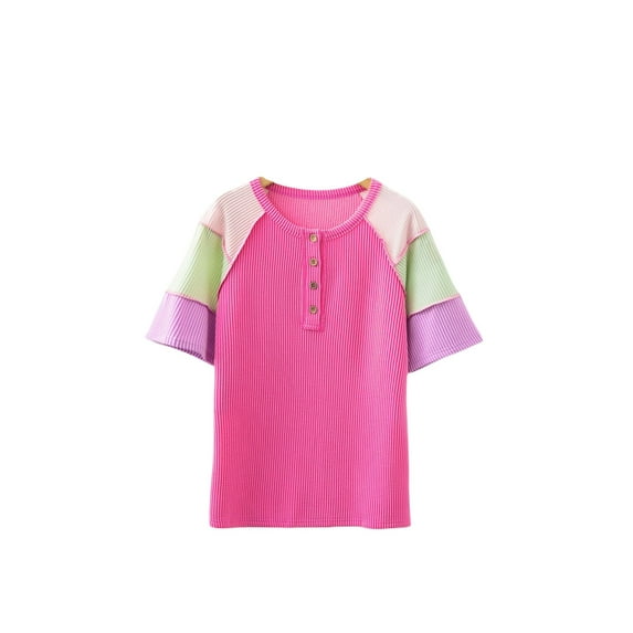 Women's Bright Pink Twisted Ribbed Henley T-Shirt – Casual Color Block Summer Style, XL
