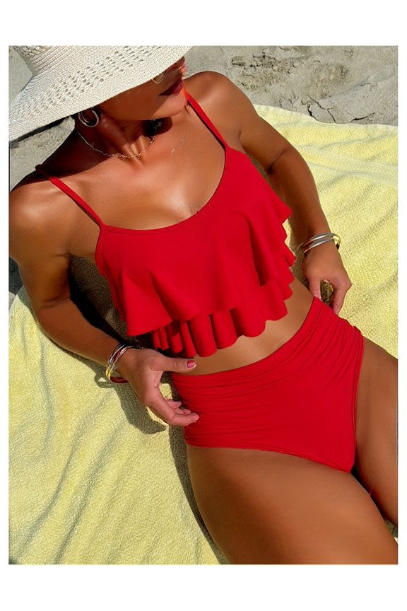 Women's Bright Red Ruffled Cami Top High Waist Bikini Set 2-Piece