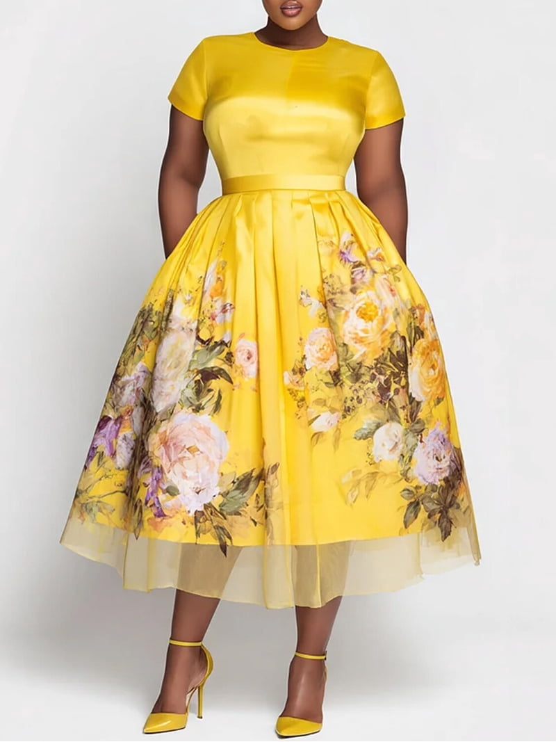 bright coloured midi dress Women's Bright Yellow Floral Satin Midi Dress Crew Neck Short Puff Sleeve  Pleated Tulle Overlay Party Dress