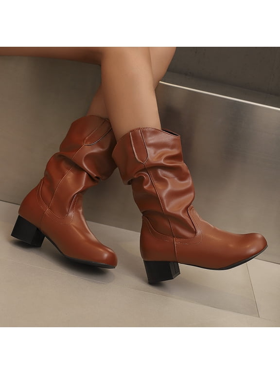 Women's British Pile Boots With Simple Midsole Slim Boots Thick Mid Heel Boots