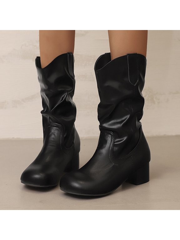 Women's British Pile Boots With Simple Midsole Slim Boots Thick Mid Heel Boots