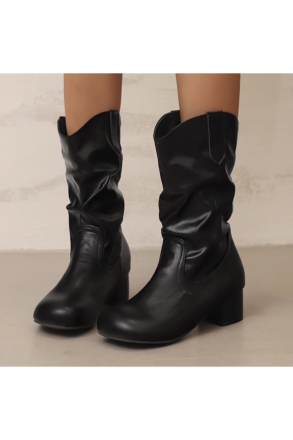 Women's British Pile Boots With Simple Midsole Slim Boots Thick Mid Heel Boots