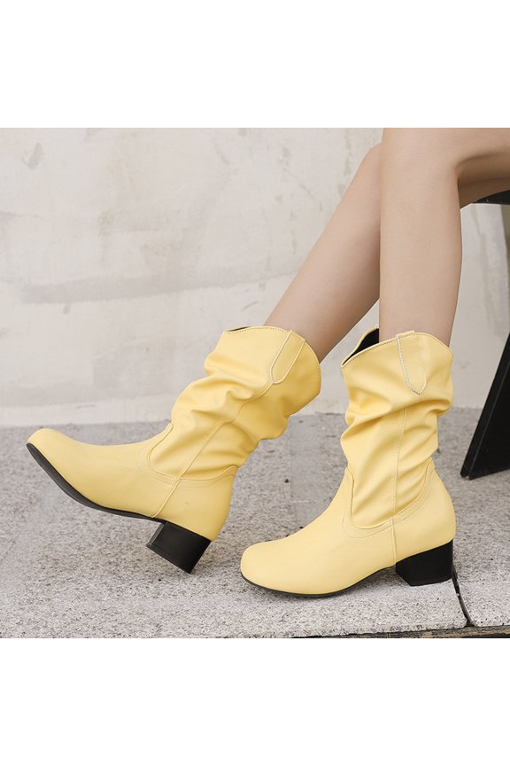 Women's British Pile Boots With Simple Midsole Slim Boots Thick Mid Heel Boots