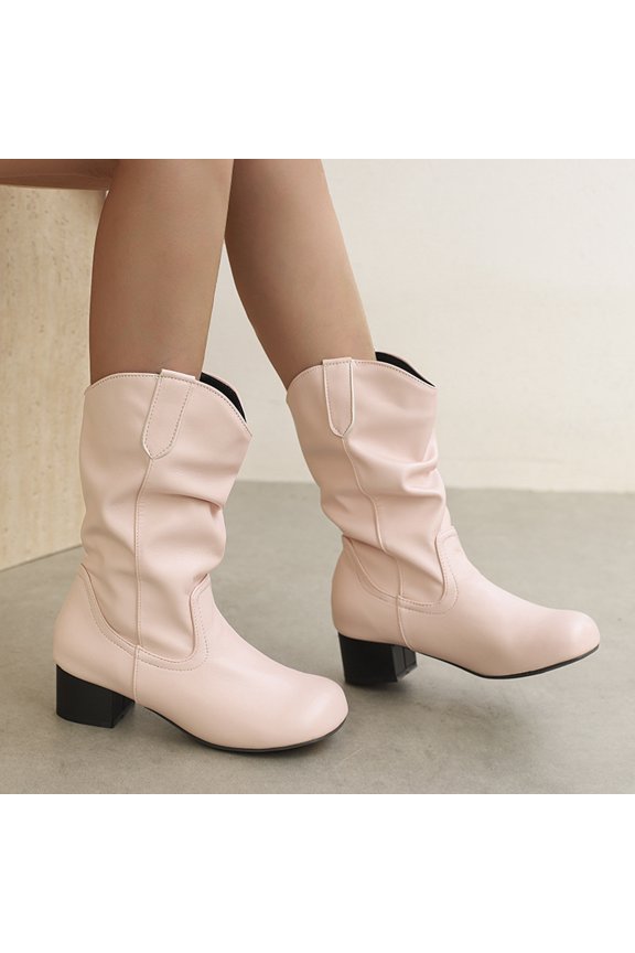 Women's British Pile Boots With Simple Midsole Slim Boots Thick Mid Heel Boots