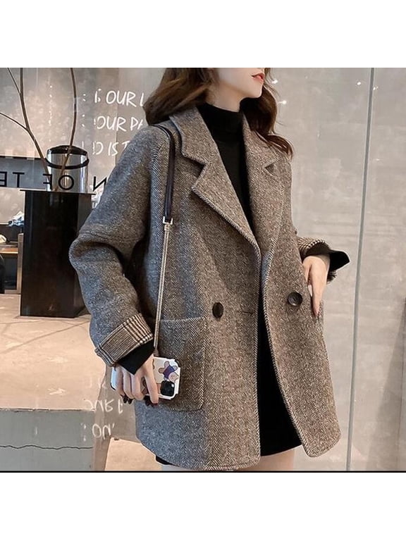 Women's British‑Style Brown Herringbone Wool‑Blend Oversized Coat, Thick Warm Casual Mid‑Length Jacket