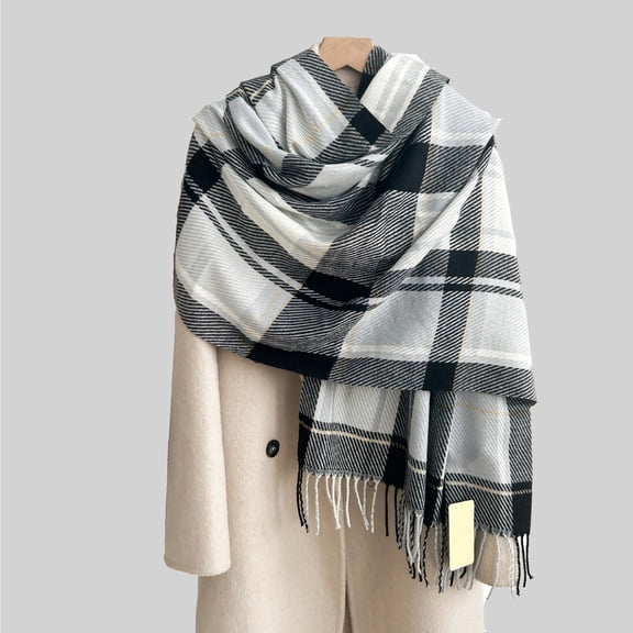 Women's British Style Color Block Plaid Scarf, Warm Winter Neck Warmer with Tassels, Soft Polyester Fashion Scarf, Classic Checkered Pattern Scarf, Versatile Cold Weather Accessory - Black