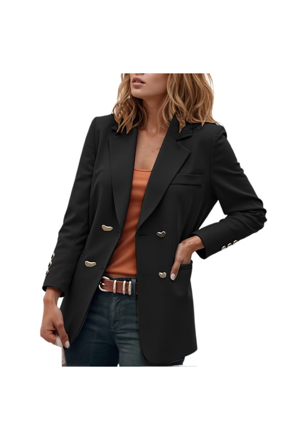 Women's British Style Elegant Slim Fit Double Formal Jacket Long Sleeve Open Front Work Coat for Business Casual Wear