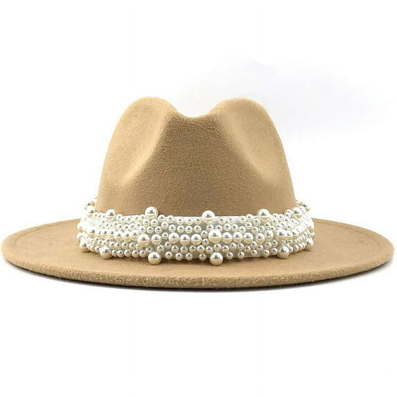 Women's British Style Fashion Elegant Jazz Hat Pearl Ring With Top Hat Big Brim Hat Ladies Woolen Hat