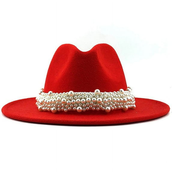 Women's British Style Fashion Elegant Jazz Hat Pearl Ring With Top Hat Big Brim Hat Ladies Woolen Hat