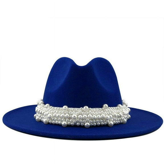 Women's British Style Fashion Elegant Jazz Hat Pearl Ring with Top Hat Big Brim Hat Ladies Woolen Hat