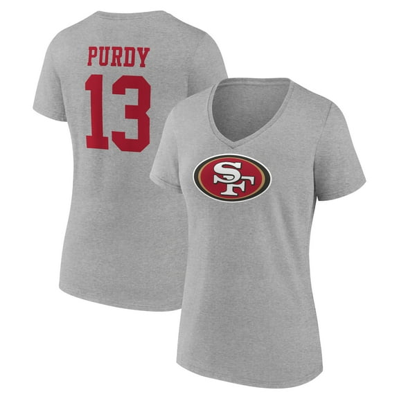 Women's Brock Purdy Gray San Francisco 49ers Icon Player Name & Number V-Neck T-Shirt