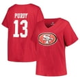 thumbnail image 1 of Women's Brock Purdy Scarlet San Francisco 49ers Plus Size Fair Catch Name & Number V-Neck T-Shirt, 1 of 3