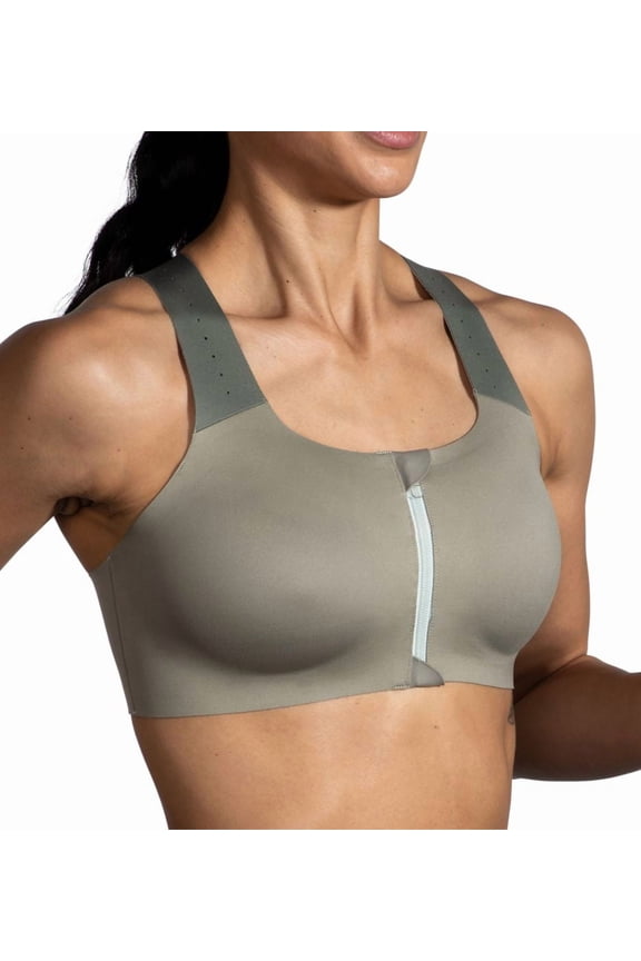 Women's Zip 2.0 Sports Bra for Running, Workouts & Sports - Pebble/Dark Pebble/Cool Mint - 38 C/D