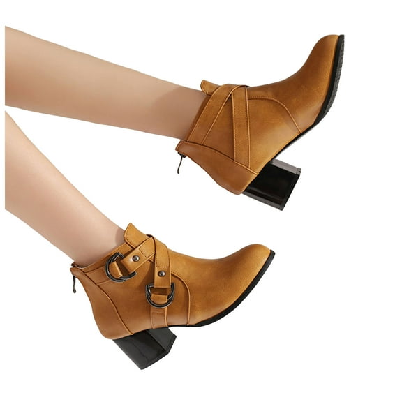 Women's Brown Ankle Boots Chunky Heel Leather Platform Fall Booties Heeled Short Dress Boots with Buckle Strap