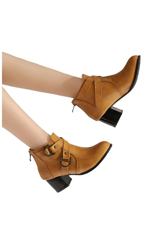 Women's Brown Ankle Boots Chunky Heel Leather Platform Fall Booties Heeled Short Dress Boots with Buckle Strap