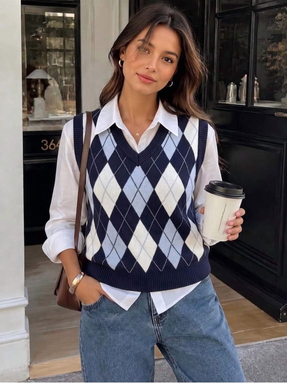 Women's Brown Argyle Knit Vest V-Neck Sleeveless Pullover Sweater for Fall Winter Layering with Shirt Daily Wear