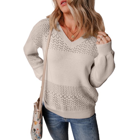 Women's Brown Eyelet Pattern V Neck Drop Shoulder Sweater - Casual Chic for Fall | [ZhiHiMeRi] | (US 4-6)S