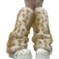 thumbnail image 1 of Women's Brown Faux Fur Deer Print Leg Warmers, Whimsical Animal Print Boot Socks with Bow and Pom-Pom, Cozy Winter Fashion for Fall and Holiday Outfits, 1 of 7