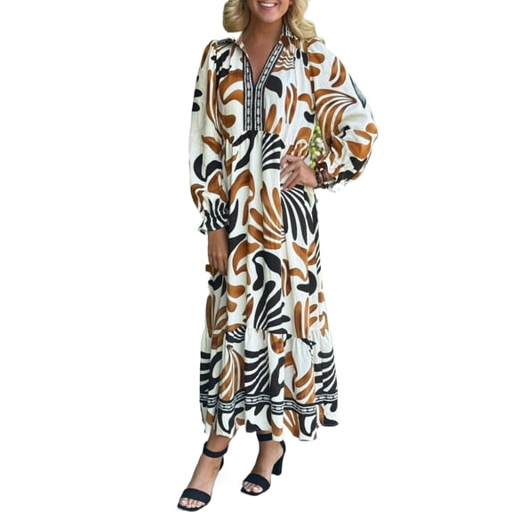 Women's Brown Floral Long Sleeve A-Line Dress for Daily Wear | XL