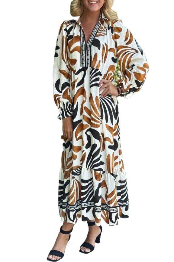 Women's Brown Floral Long Sleeve A-Line Dress for Daily Wear | XL