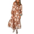 thumbnail image 1 of Women's Brown Floral Print Shirred Square Neck High Waist Maxi Dress - [ZhiHiMeRi] | (US 12-14)L, 1 of 12