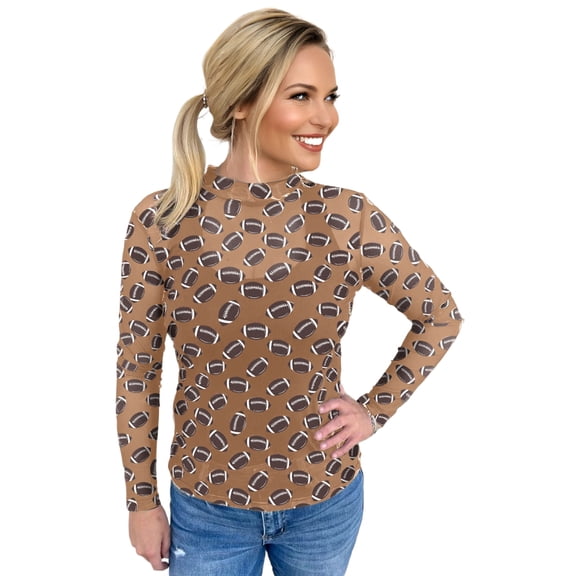 Women's Brown Game Day Rugby Mesh Sheer Long Sleeve Top - Modern Casual Style, S