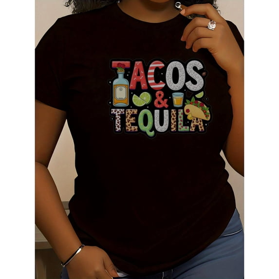 Women's Brown Graphic Tee with Tacos & Tequila Print, S-5XL Plus Size T-Shirt, Casual Festive Style Top for Mexican Cuisine Enthusiasts
