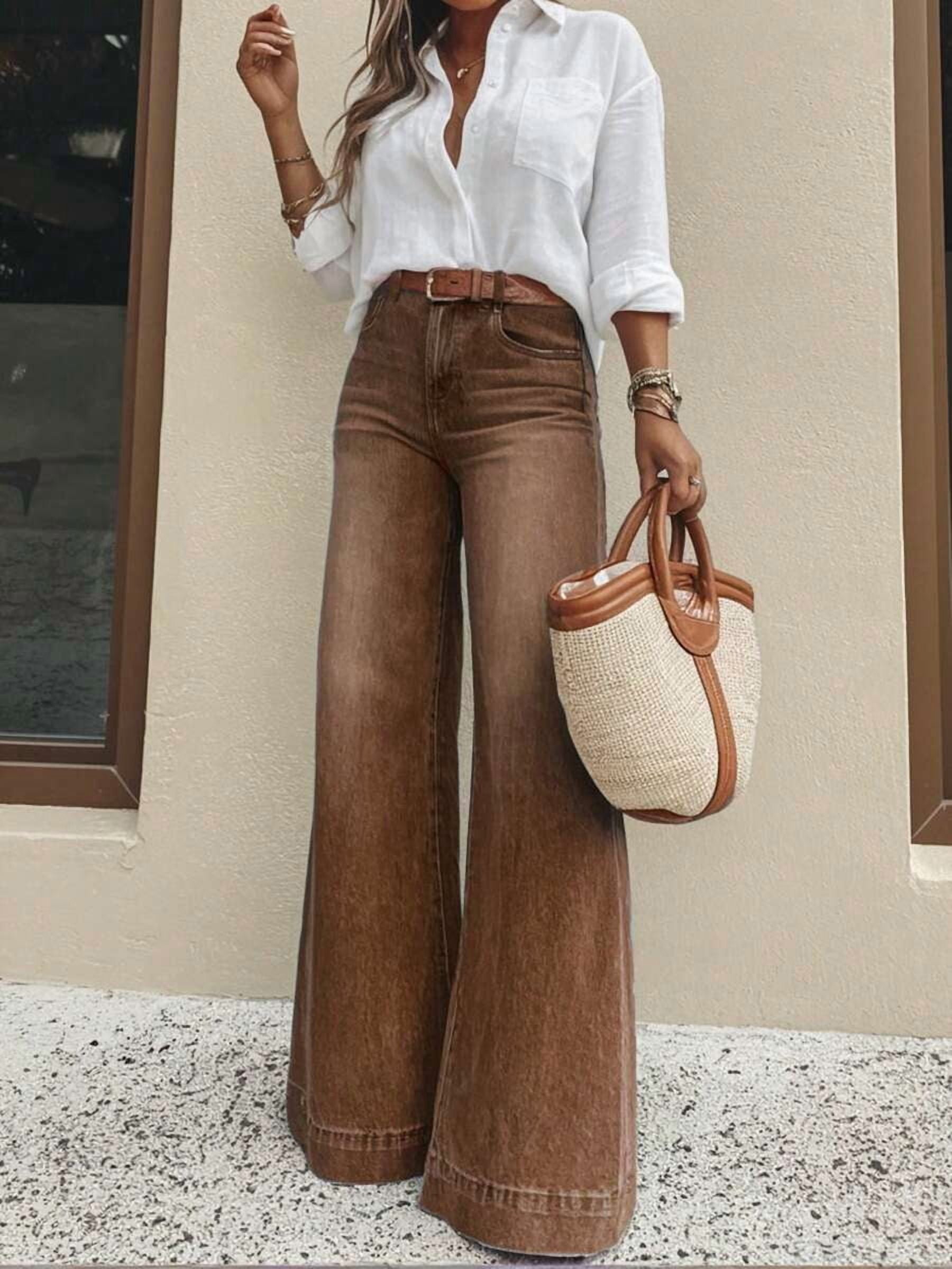Women's Brown High Waist Wide Leg Flare Jeans Vintage Washed Bell ...