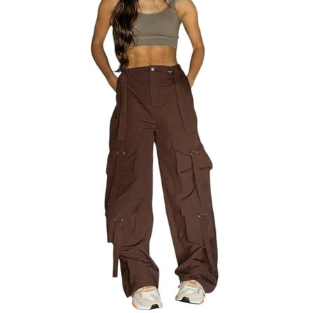 Women's High‑Waisted Brown Wide‑Leg Workwear Joggers – Multi‑Pocket, Y2K Streetwear, Plus Sizes