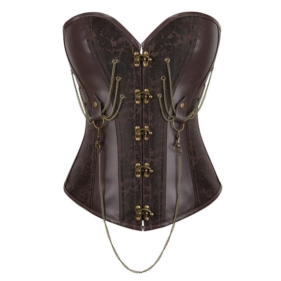Women's Brown Jacquard Faux Leather Sweetheart Strapless Corset With Metal Chains Steel Boned Waist Trainer for Steampunk Gothic Cosplay