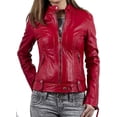 thumbnail image 1 of Women's Brown Lambskin Real Leather Stylish Jacket Biker Motorcycle Slim Fit Coat W641, 1 of 3
