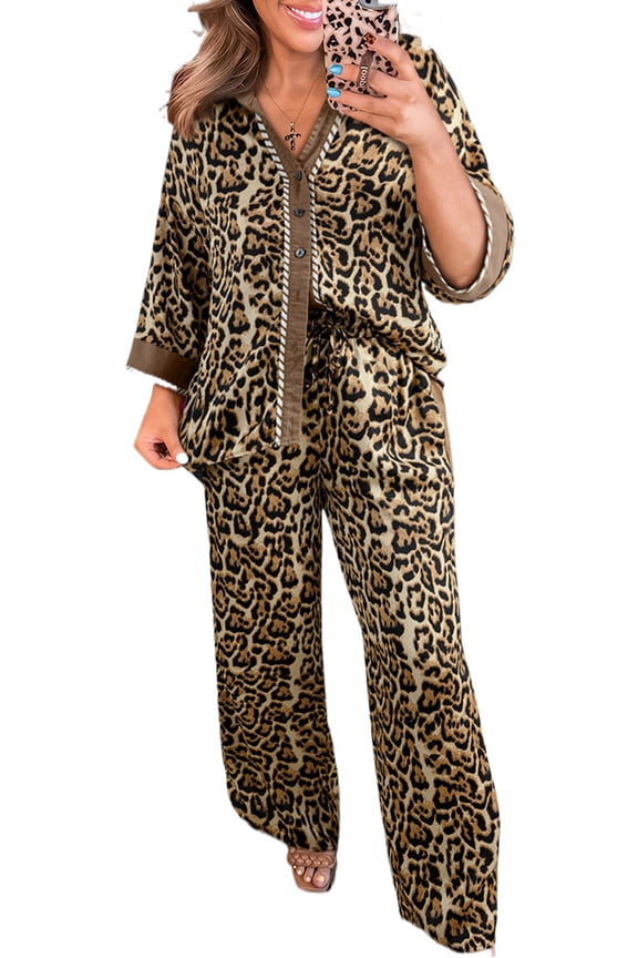Women's Brown Leopard Print Collared Shirt and Wide-Leg Pants Set – Casual Two-Piece Outfit for Daily Wear [ZhiHiMeRi] | XL
