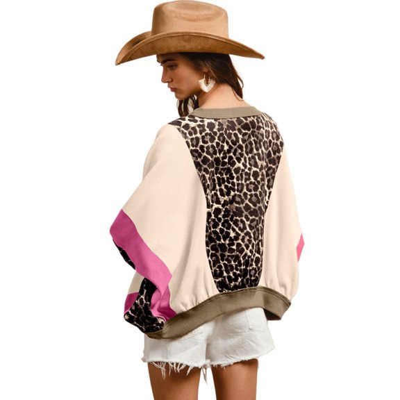 Women's Brown Leopard Print Color Block Top – Casual 3/4 Sleeve for Fall Outings [ZhiHiMeRi] | XL