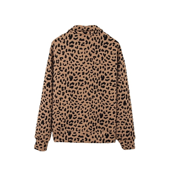 Women's Brown Leopard Print Quarter Zip Sweatshirt - Casual Fall Fashion, S