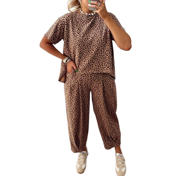 Women's Brown Leopard Print Tee & Drawstring Waist Barrel Pants Set for Casual Summer Style, S