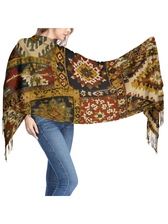 Women's Brown, Orange and Yellow Printed Scarf with Fringe, 26 x 77 in Long Shawl Wrap for Travel and Everyday Wear