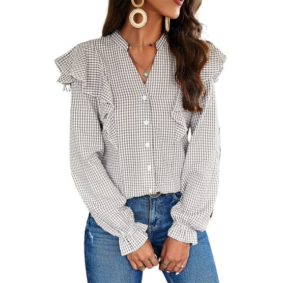 Women's Brown Plaid Flounce Sleeve Notched Neck Ruffled Shirt - [ZhiHiMeRi] | (US 16-18)XL