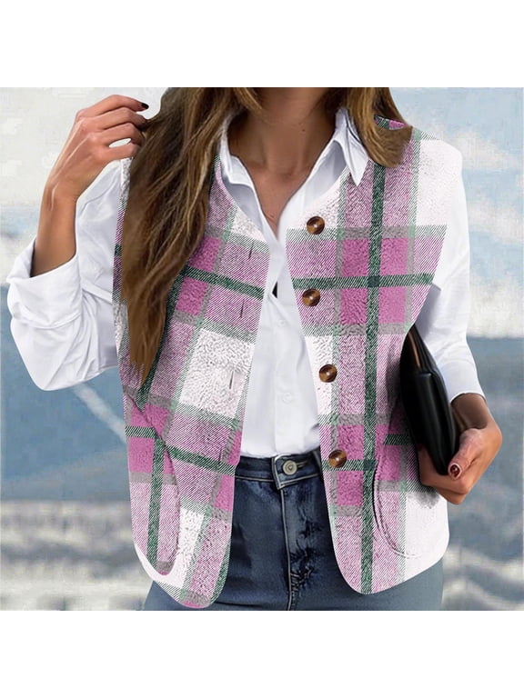Women's Brown Plus Size Casual Vest Warm Double-Sided Printed Loose Collarless Button Coat for Winter