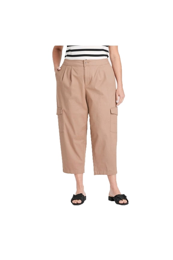 Women's Brown Plus Size High-Rise Casual Cargo Pants - 2X