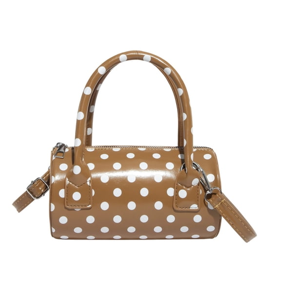 Women’s Brown Polka Dot Shoulder Bags Round Boston Crossbody Bag Glossy Purses Women Satchel Handbag Cute Mini Bucket Bag Trendy