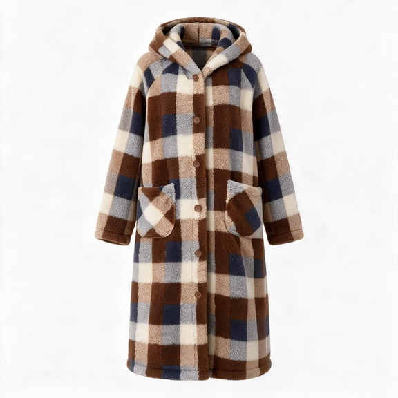 Qeils Women's Plaid Hooded Fleece Long Coat, Button Front Oversized Coat with Pockets