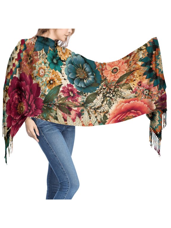 Women's Brown, Red and Blue Graphic Printed Fringed Scarf, 26 x 77 in Long Shawl Wrap for Travel and Everyday Wear