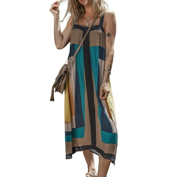 Women's Brown Retro Geometric Printed Y Back Sleeveless Maxi Dress | [ZhiHiMeRi] | (US 12-14)L
