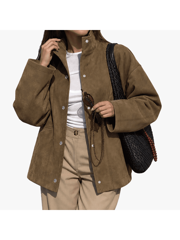 Women's Brown Stand Collar Jacket Snap Button Long Sleeve Relaxed Fit Casual Fall Outerwear with Pockets