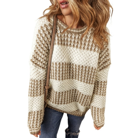 Women's Brown Stripe Drop Shoulder Round Neck Loose Sweater | [ZhiHiMeRi] | (US 12-14)L